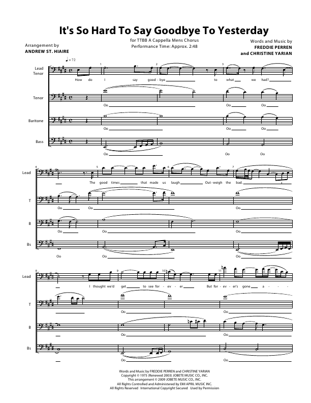 Click to download "It's So Hard To Say Goodbye To Yesterday" sheet music
