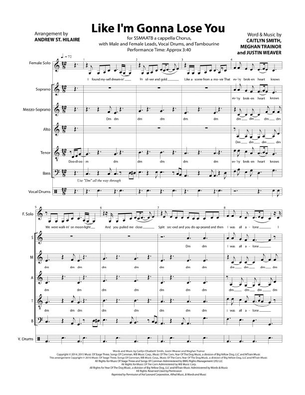 Click to download "Like I'm Gonna Lose You - SSMAATB with Leads, Vocal Drums" sheet music
