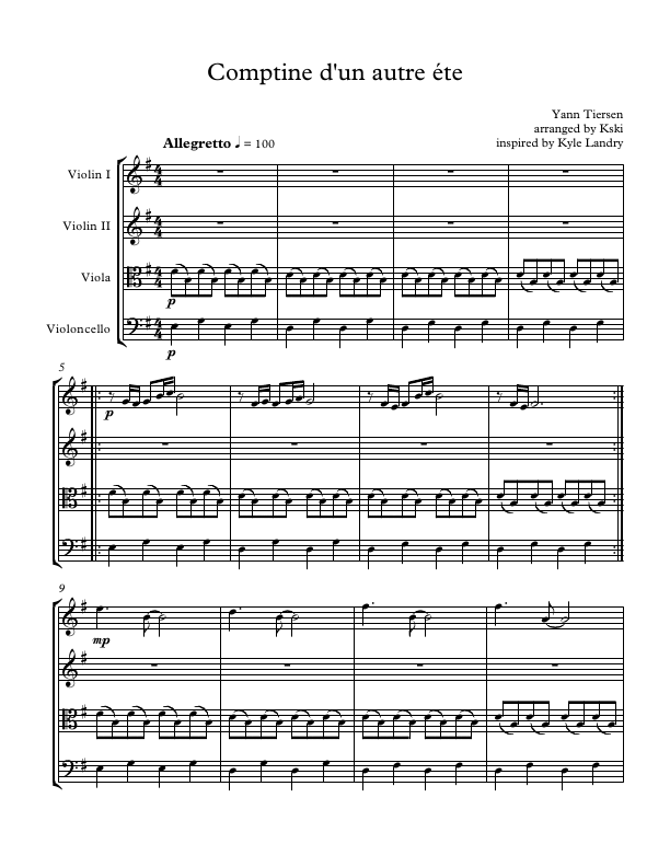 Click to download "Comptine d'un autre éte for String Quartet" sheet music